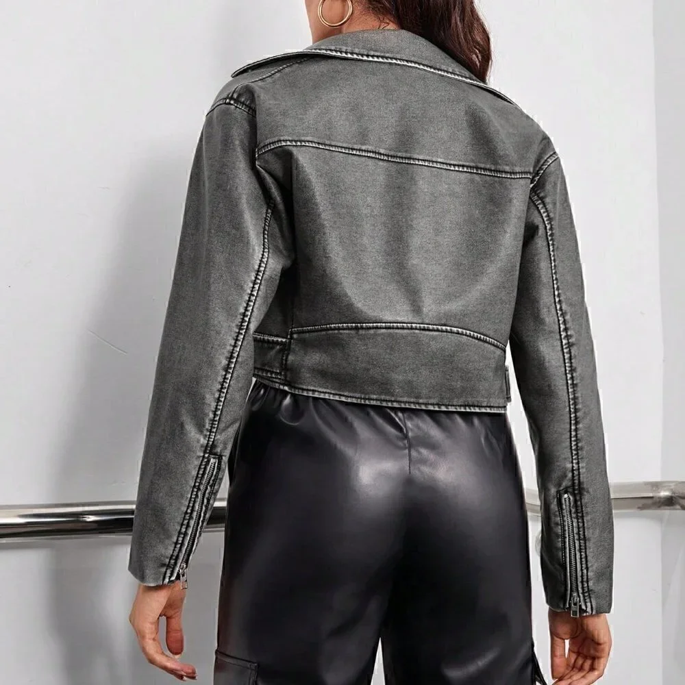 Grey Casual Womens Zip Up Belted Moto Jacket